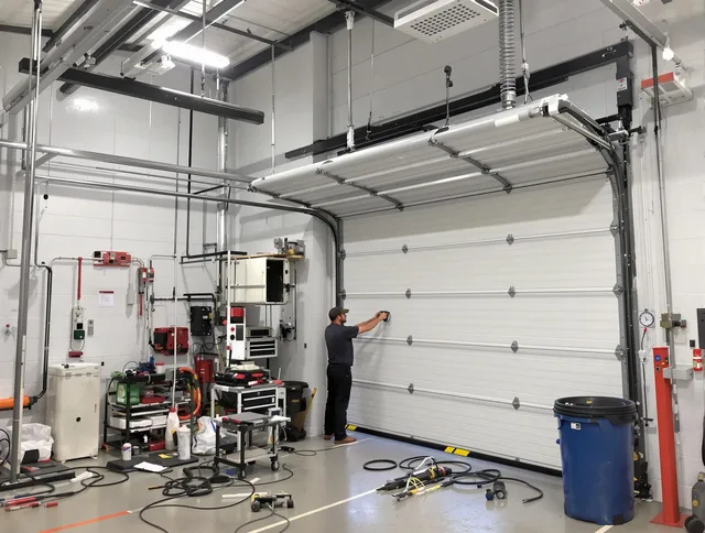Stow Garage Door Repair certified technician performing commercial door repair at a Stow business facility