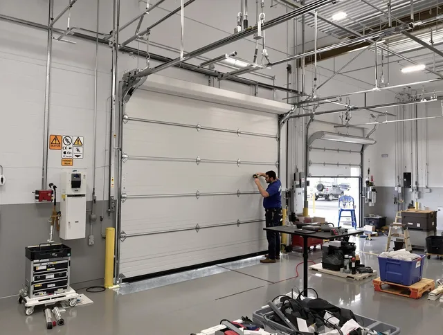 Commercial garage door repair being performed by Stow Garage Door Repair expert in Stow