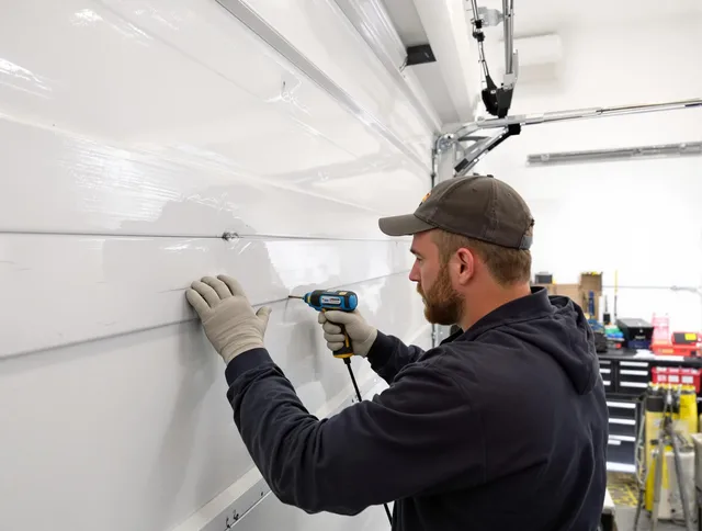 Stow Garage Door Repair technician demonstrating precision dent removal techniques on a Stow garage door