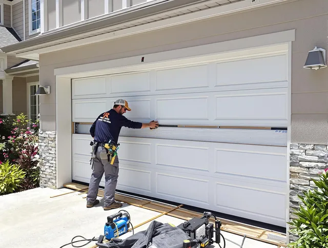 Stow Garage Door Repair team performing complete garage door replacement at Stow residence