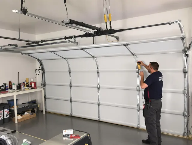 Stow Garage Door Repair certified technician performing overhead door system repair in Stow