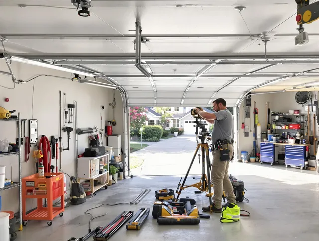 Stow Garage Door Repair specialist performing laser-guided track alignment in Stow